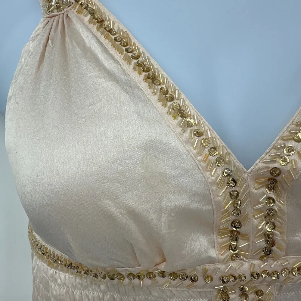 Charlotte Russe Babydoll Dress Large Champagne Satin Beaded Dainty Feminine Y2K*